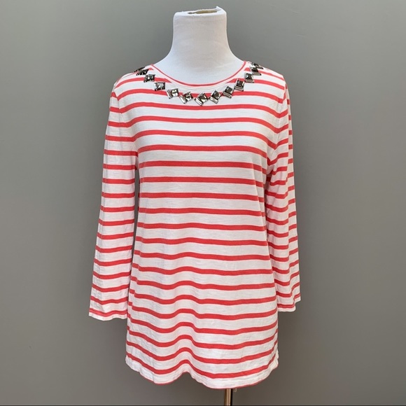 Crew Red Striped Tee with Jeweled Neckline, M. - Picture 4 of 5